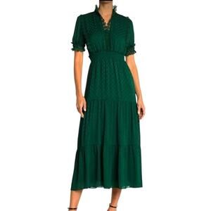 Max Studio Emerald Green Jacquard Dot Lace Trim Maxi Dress Size Large